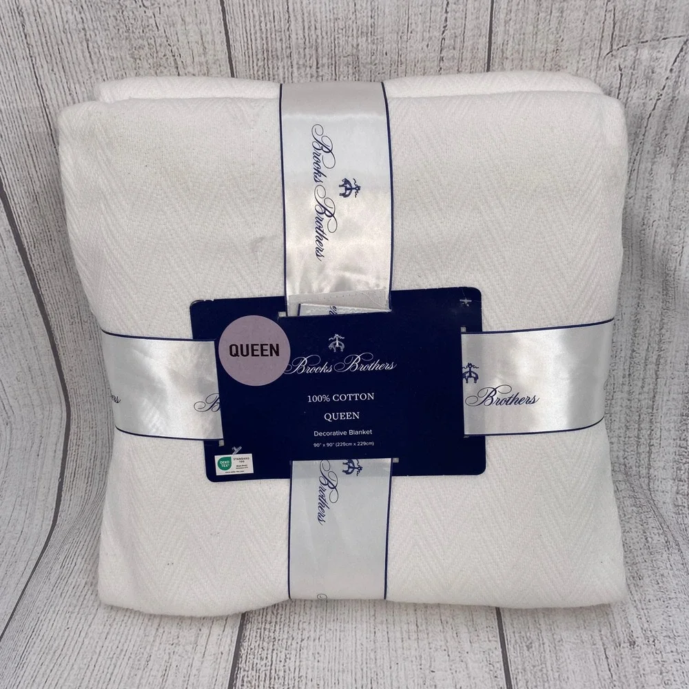 Brooks Brothers Cotton Blanket Queen White Herringbone Weave Crisp Classic